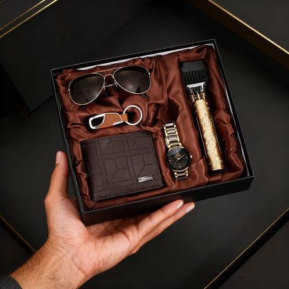 5 հատ տղամարդու գործնական և առօրյա ժամացույցների հավաքածու՝ դրամապանակով, մազ կտրիչով, բանալիի շղթայով, նորաձև ակնոցներով և ժամացույցով - մինիմալիստական ​​գործնական ժամացույցների հավաքածու էլեգանտ նվերային տուփով