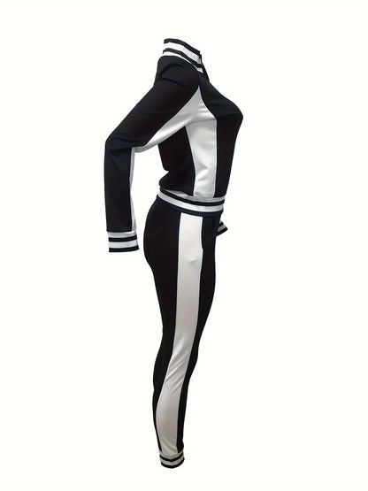Women's Casual Striped 2-Piece Set with Zip-Up Jacket & Pants - ayq