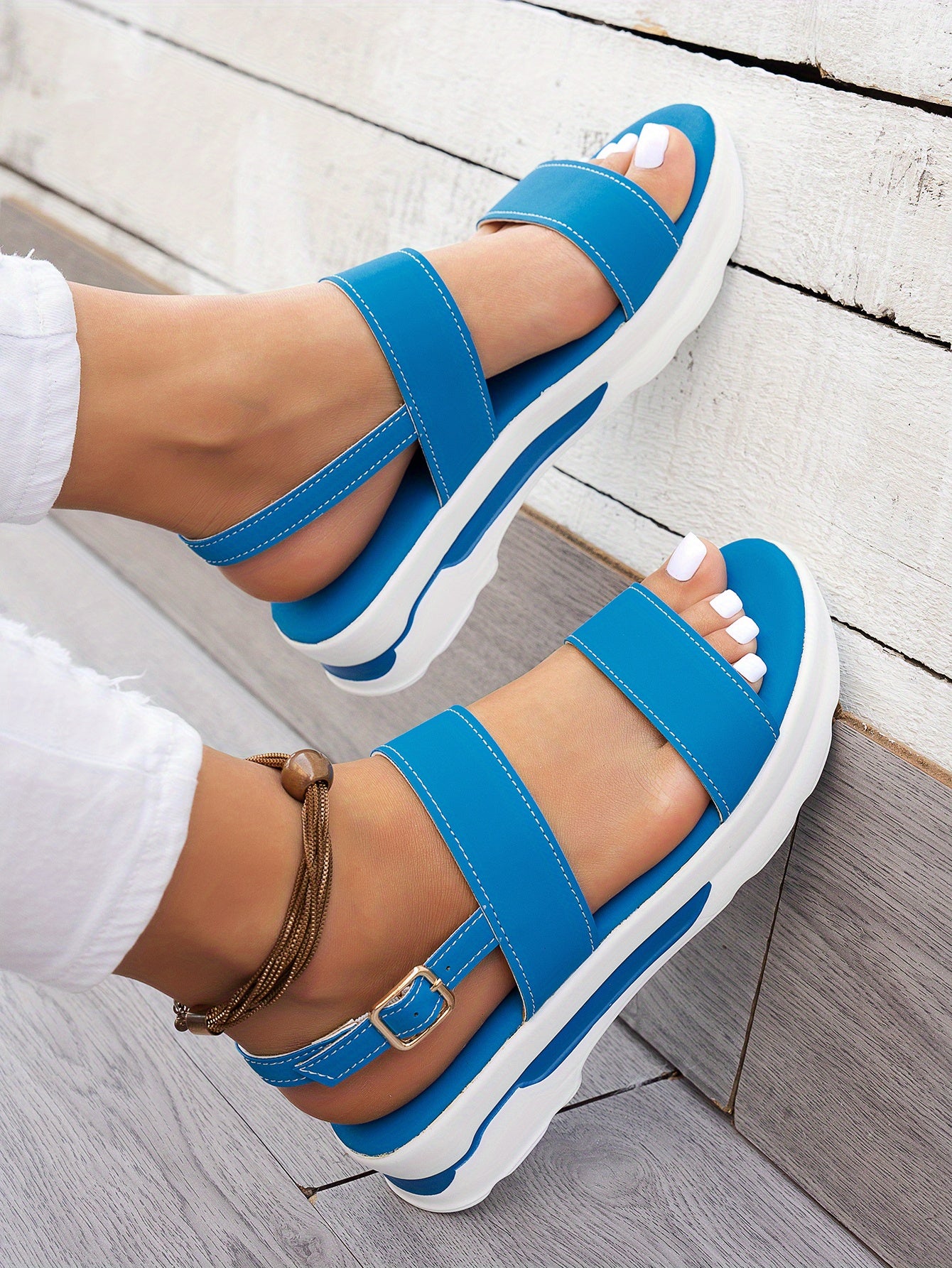 Mhysa Women's Comfortable Open-Toe Platform Sandals with Thick Sole & Golden Buckle Strap - Summer Casual White PU Cover Ankle Strap Sandals for Casual Attire, Ladies Sandals