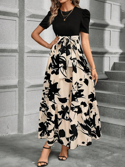 Print Midi Dress with Belt - Crew Neck, Short Sleeve, Non-Stretch Polyester - Machine Washable - Perfect for All Seasons