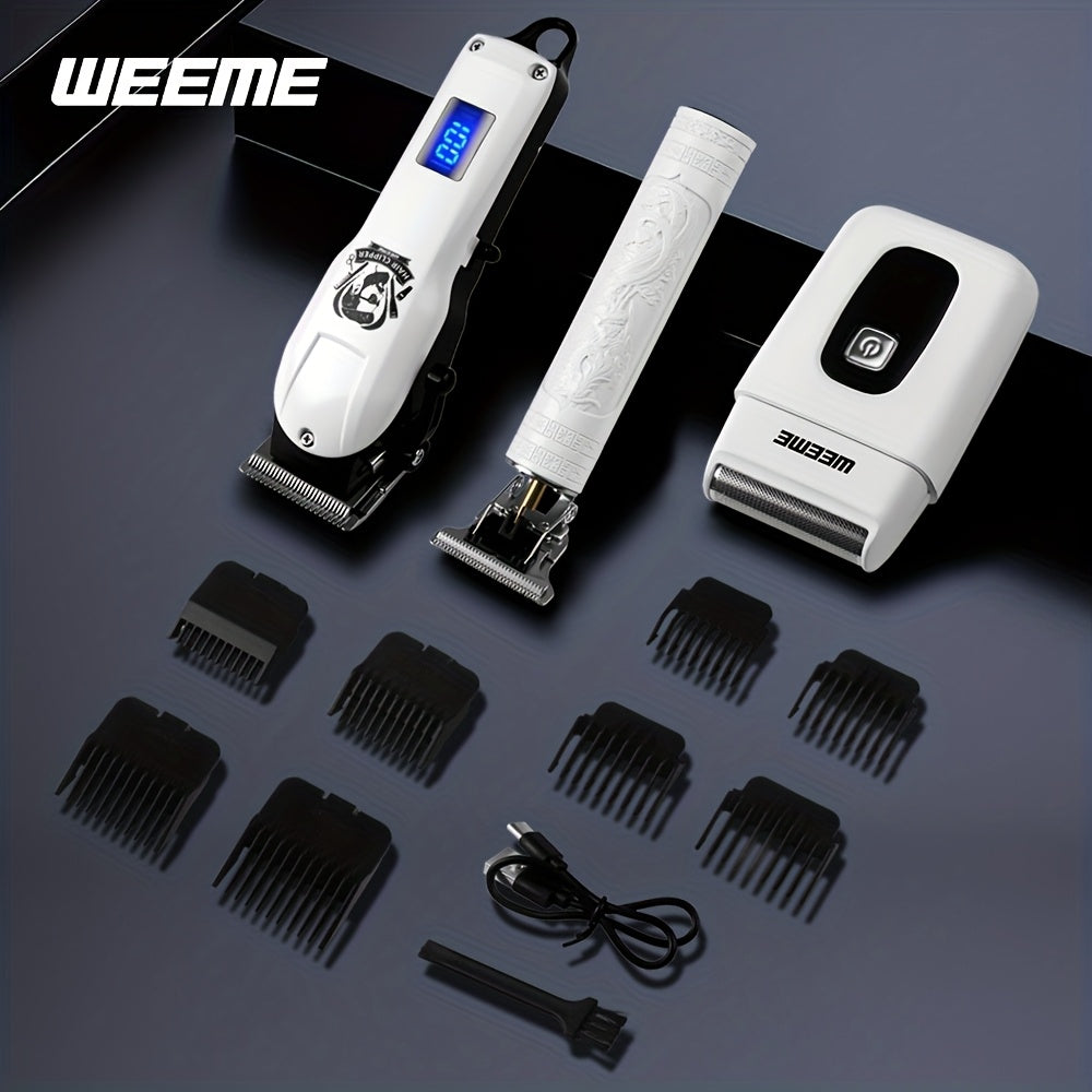 WEEME 3pcs/1Set Men'S Hair Clipper, USB Rechargeable Electric Hair Clipper & Shaver Set with Digital Display, Cordless Hair Trimmer for Home & Salon Use, Perfect Grooming Gift for Men with Smooth Blade, USB Charging, Lithium
