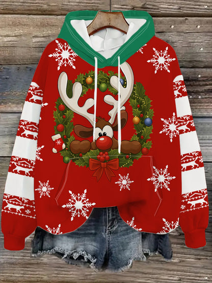Women'S Christmas Hoodie - Red & White Holiday Sweater with Reindeer, Snowflakes - Cozy Winter Pullover for Christmas Party Outfit, Casual Casual Attire - Non-See-Through Fabric - Easy Care Hooded Sweater, Christmas Hoodie, F