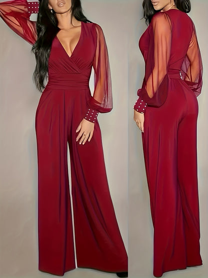 Women'S Elegant V-Neck Long Sleeve Jumpsuit - Solid Color, Stretchy Comfortable Fabric, Waist-Cinching Design, All-Season Versatile Outfit, Perfect for Daily Wear, Commuting, Parties, and Formal Events, Party Attire | Vneck J