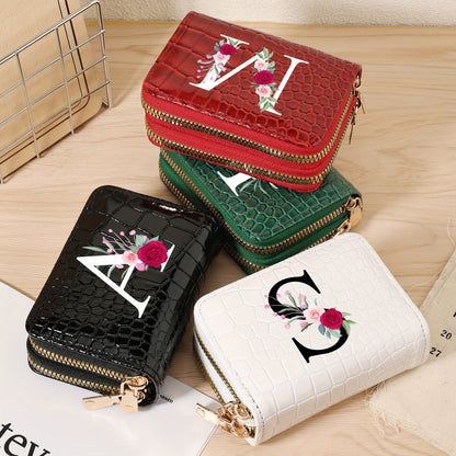 Minimalist Women'S Short Wallet Featuring a Double Zipper Design, with a Crocodile A-Z Letter Pattern. This Stylish Handbag Also Serves As a Fashionable Coin Wallet, Perfect for Travel, Back-To-School, Or Parties.