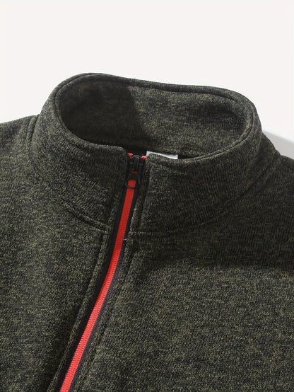 Men's Sporty Full-Zip Stand Collar Sweatshirt - Long Sleeve Casual Pullover with Neon Green Accents, Solid Color Non-Stretch Fabric, Regular Fit for Fall Winter