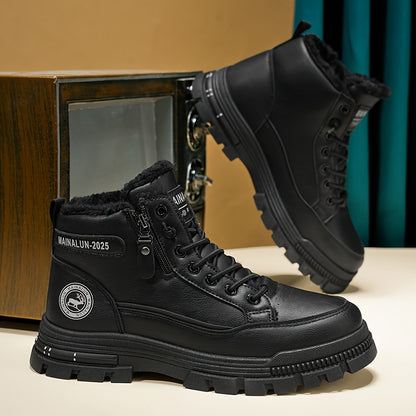 Men's Vintage Casual Fleece-Lined Snow Boots - Brown Faux Cover with Black Accents, Lace-Up Design, Thick PVC Sole for Winter & Fall, Round Toe Comfort, Everyday Winter Footwear, Winter Boots,  Style Boots, Durable Winter Foo