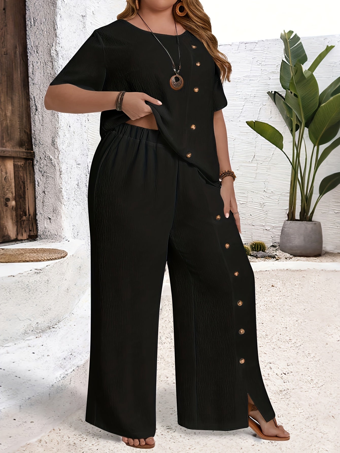 Women's Summer 2-Piece Solid Color Top and Casual Trousers Set
