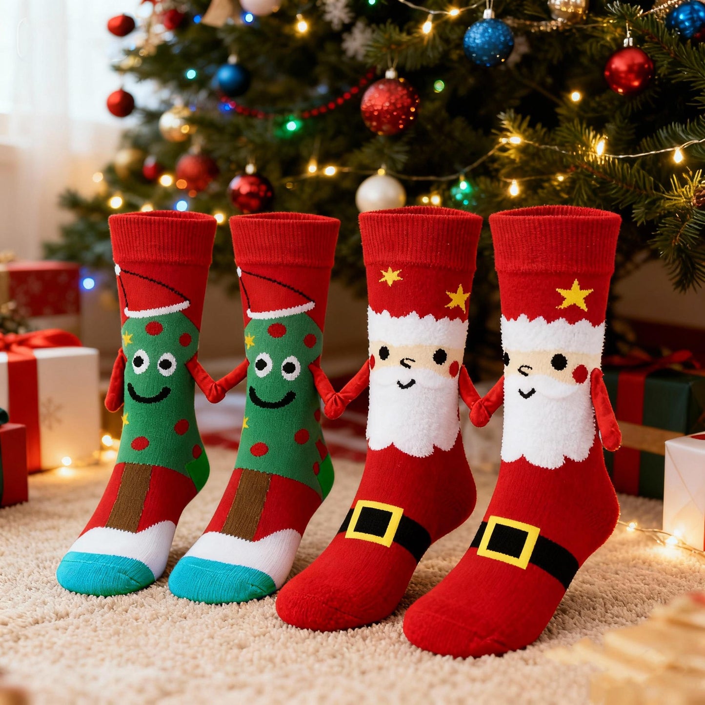 2-Pack Christmas Magnetic Holding Socks Women's Mid-Calf Socks(Tree, Santa) Winter Cute Couple Socks Unisex Meets Xmas, Halloween wear, warmth& gifting needs Magnetic, versatile Suitable for Xmas costumes, Halloween looks, wi