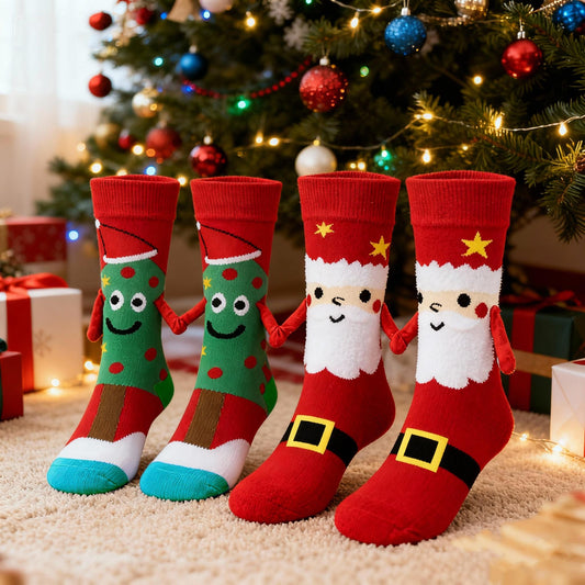 2-Pack Christmas Magnetic Holding Socks Women's Mid-Calf Socks(Tree, Santa) Winter Cute Couple Socks Unisex Meets Xmas, Halloween wear, warmth& gifting needs Magnetic, versatile Suitable for Xmas costumes, Halloween looks, wi