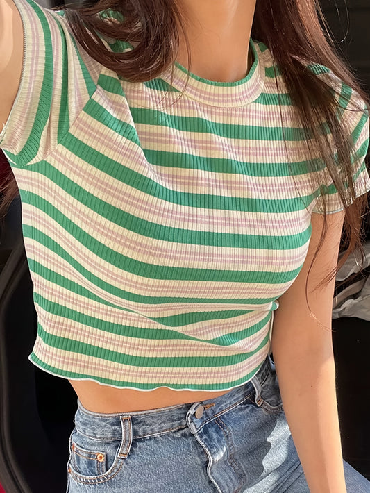 Women's Ribbed Striped Short Sleeve Round Neck Striped T-Shirt