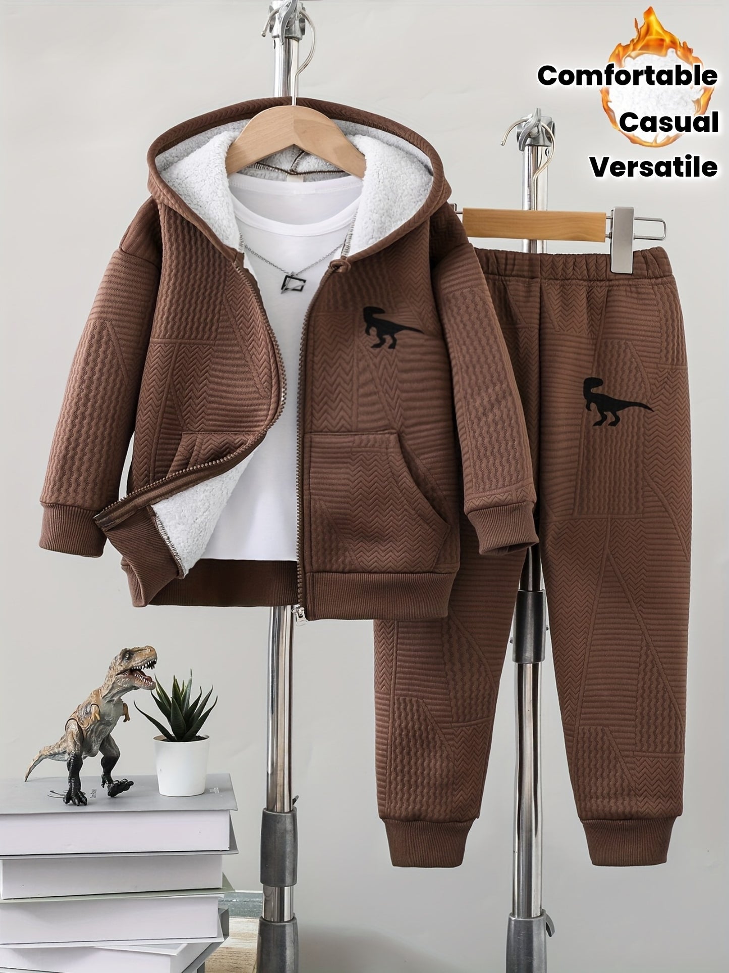 2pcs set of casual and fashionable fleece thickened Jacquard zipper pocket shoulder-length hooded sweatshirt and fleece Jacquard sports jogging pants suit, children's autumn and winter comfortable and versatile clothing, can