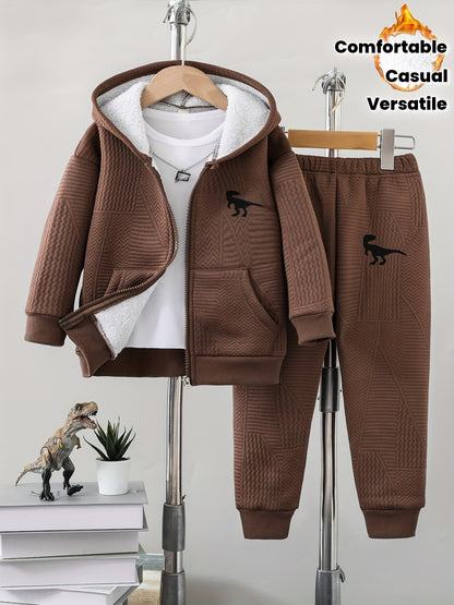 2pcs set of casual and fashionable fleece thickened Jacquard zipper pocket shoulder-length hooded sweatshirt and fleece Jacquard sports jogging pants suit, children's autumn and winter comfortable and versatile clothing, can