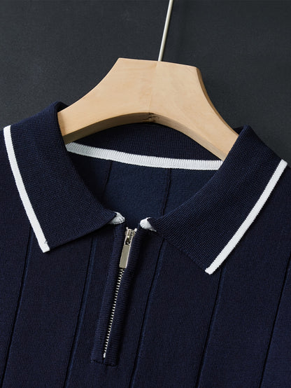 Men's Knitted Polo Shirt with Classic Vertical Stripes - ayq