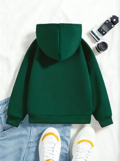 Boys' 2026 New Year Hooded Sweatshirt - Hello 2026 Happy New Year Lettering, Mint Green with Golden Accents, Loose Fit Long Sleeve Pullover for Boys