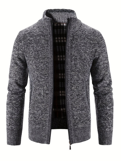 Men's Solid Fleece Knitted Cardigan With Pockets, Casual Long Sleeve Turtle Neck Zip Up Warm Sweater For Winter Fall Outdoor Activities