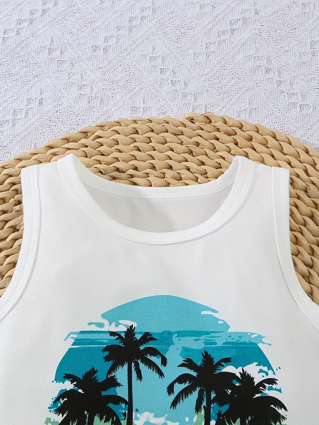 Boys' Summer Vacation Vest, Shorts & Hat Set with Coconut Tree Print