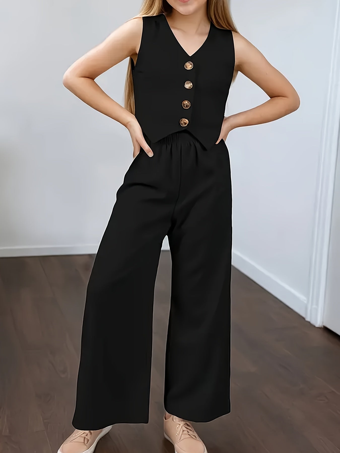 Girls' Summer Sleeveless Vest & Wide-Leg Pants Set