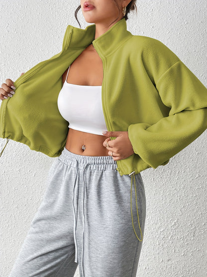 Women'S Casual Zippered Front Drawstring Hem Jacket - High-Neck Long Sleeve with Pockets, All-Season Comfort, Machine Washable, Versatile for Casual Attire, Casual Wear Jacket | Highneck Jacket | Zippered Jacket