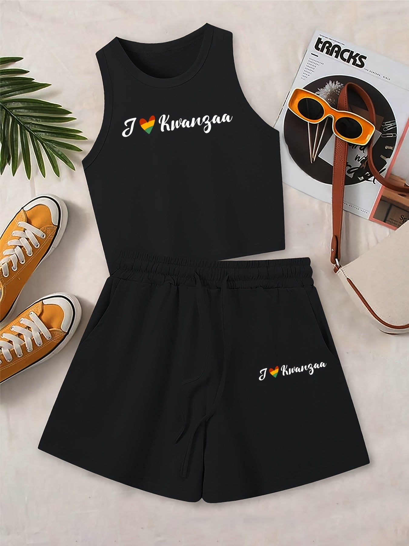 Women's Casual Two-Piece Vest and Shorts Set with Drawstring