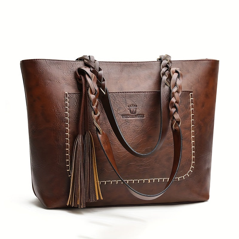 Elegant Large-Capacity Women’s PU Tote Bag with Tassel