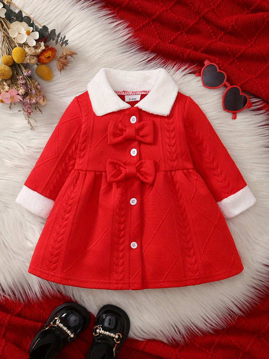1pc New Style Single-Breasted Bowknot White Collar Dress for Girls, Red Christmas and New Year Baby Outfit