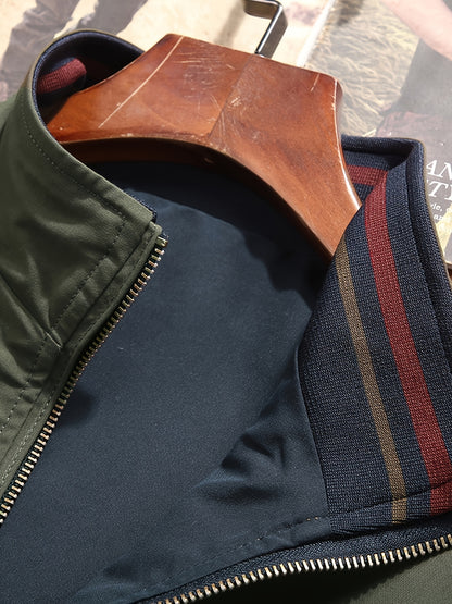 Men'S Stylish Beige Bomber Jacket with Red & Blue Trim - Double-Sided, Metal Zipper, Casual & Formal Wear, Perfect Gift for Husband or Boyfriend, Casual Outerwear | Doubleside Jacket | Polyester Lining