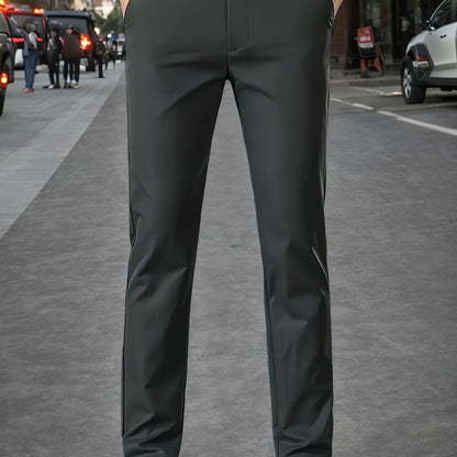 Men's Sleek Stretch Dress Pants - Solid Color Black, Comfort Fit with Subtle Stretch, Polyester Fabric, Mid-Rise, Machine Washable, Perfect for Business Casual & All-Season Wear, Business Casual Pants | Sleek Trousers | Easyc