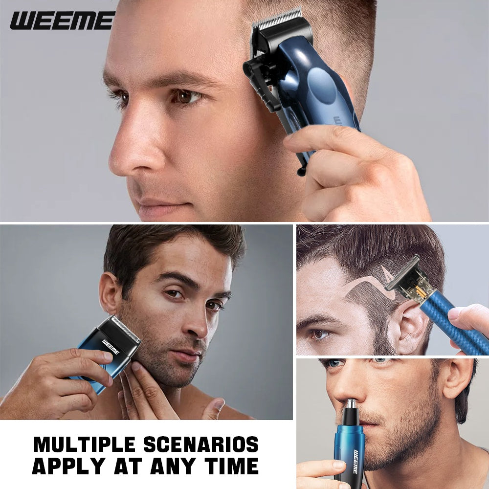 WEEME 4pcs Men's Electric Hair Clipper Set, Beard Trimmer Set, Household Facial Cleansing Set. Hair Cutting, Shaving, Trimming of Nasal Hair, Trimming of Sideburns, Facial Hair Cleaning. USB Charging. for Household Use, Vehic