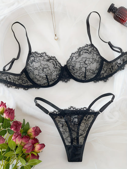 Sexy Lace Eyelash Strappy Lingerie Set for Women