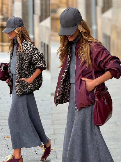 Կանացի երկկողմանի, երկկողմանի, կայծակաճարմանդով առջևի բաճկոն - ընձառյուծի նախշով և բորդո առօրյա վերարկու, նորաձև հաստ կտոր, դիմացկուն վերնազգեստ նորաձևության սիրահարների համար, ընձառյուծի նախշով բաճկոն, նորաձև վերնազգեստ, կրկնակի շերտավոր դիզայն