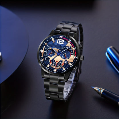 4pcs Men'S Practical Set, Including a Business Quartz Watch, a Business Belt, a Business Wallet, And Stylish Glasses - The All-Black Series Highlights a Business Demeanor, Representing Men in Business, High-End And Classy