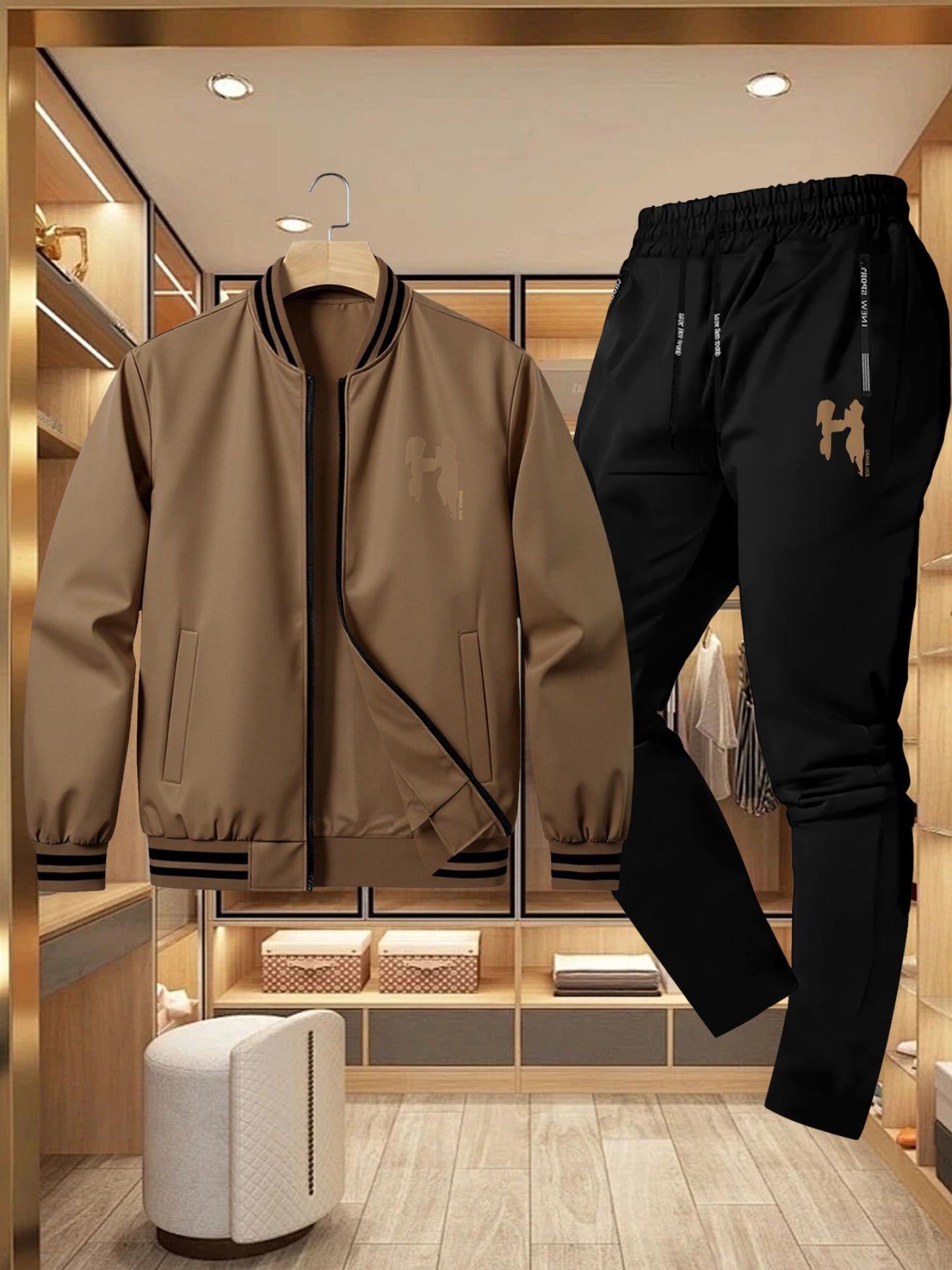 Men's Casual Sportswear Set with Brown Geometric Jacket & Pants