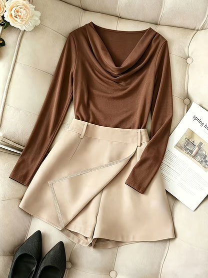 Elegant Autumn Top and Shorts Set with Belt for Women