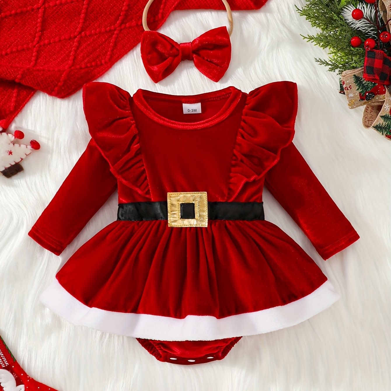 2 հատ ոսկեգույն թավշյա, ծածանվող թևքերով, ժանյակավոր գոտիով զարդարված երկար թևքերով բոդի՝ փափուկ կիսաշրջազգեստով + ժապավենաձև գլխաշորով, աշնանային և ձմեռային Սուրբ Ծննդյան գեղեցիկ երեկույթի հանդերձանք, բացօթյա օգտագործման համար