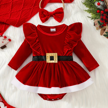 2 հատ ոսկեգույն թավշյա, ծածանվող թևքերով, ժանյակավոր գոտիով զարդարված երկար թևքերով բոդի՝ փափուկ կիսաշրջազգեստով + ժապավենաձև գլխաշորով, աշնանային և ձմեռային Սուրբ Ծննդյան գեղեցիկ երեկույթի հանդերձանք, բացօթյա օգտագործման համար