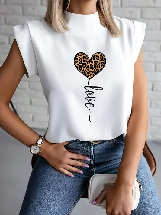Women's Fashionable White T-Shirt with Leopard Print Heart and "LOVE" Cursive - Short Sleeve, Polyester Blend, Machine Washable