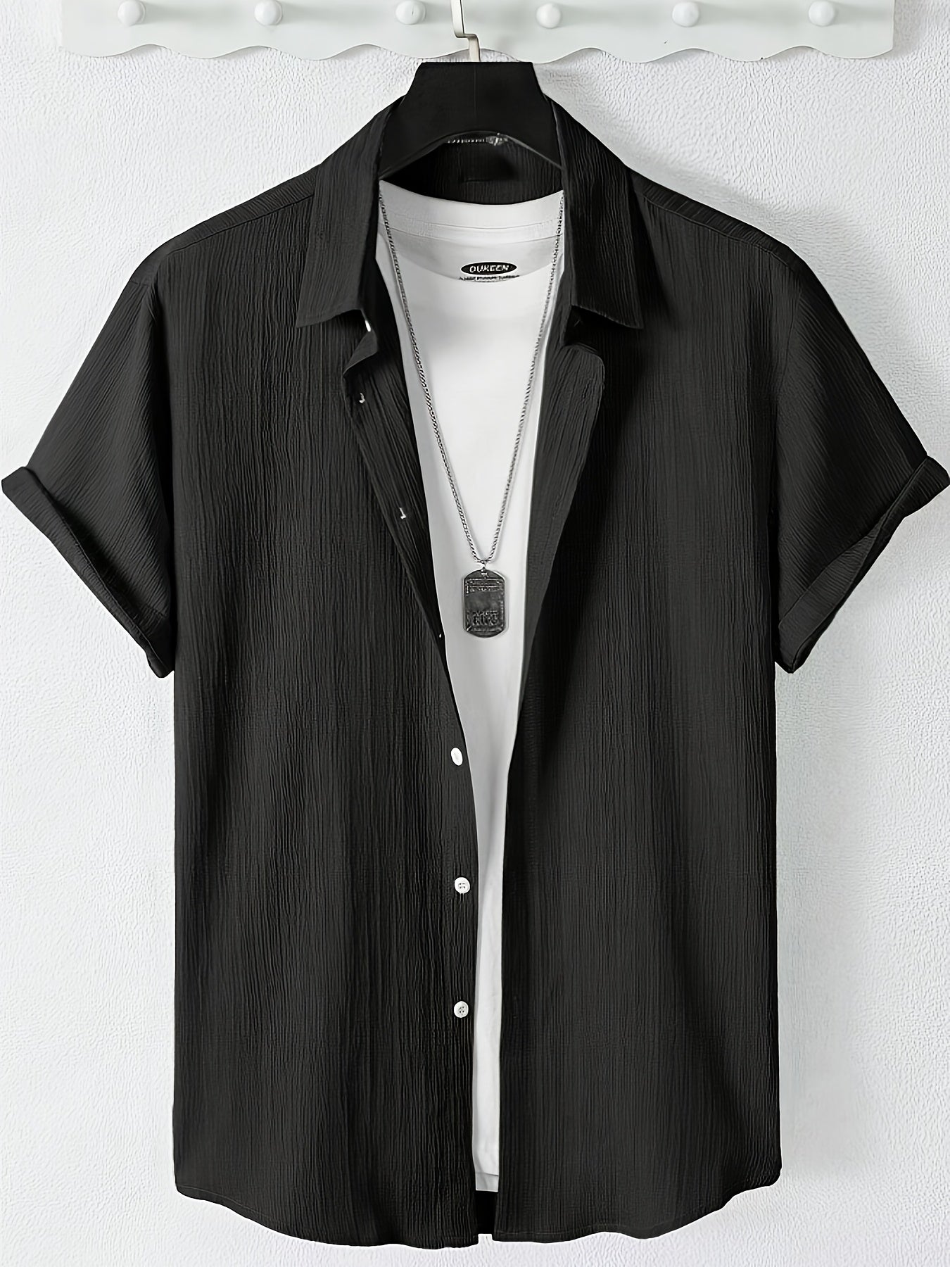 Men's Casual Button-Front Shirt with Lapel Collar, Lightweight Polyest