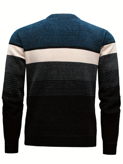 Temujin Men'S Winter Round Neck Sweater with Fleece, Knitted with Embroidered Stripes And Casual Letters for Warmth And a Fitted Style