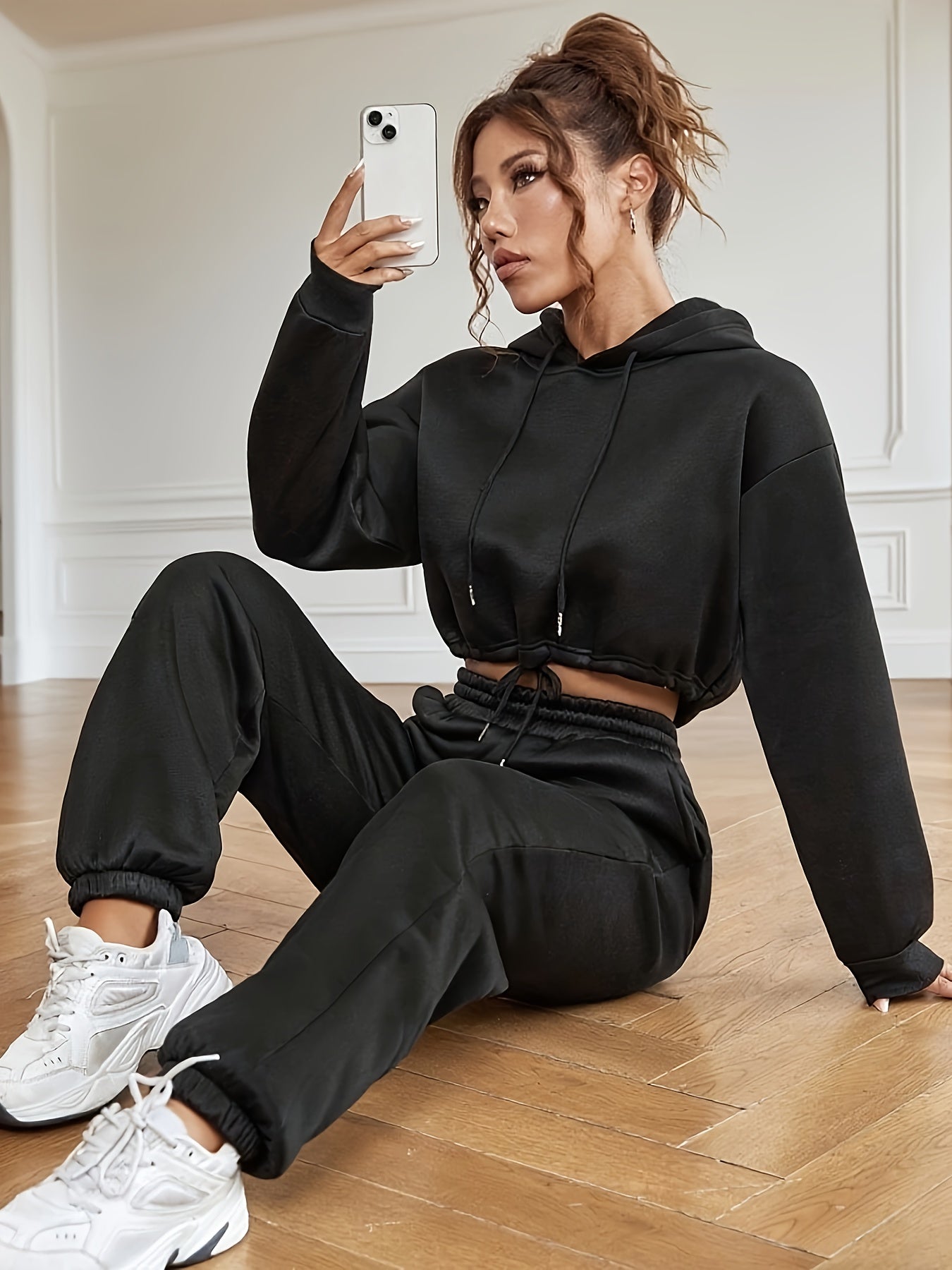 Casual Fall/Winter Polyester Hoodie Set with Drawstring