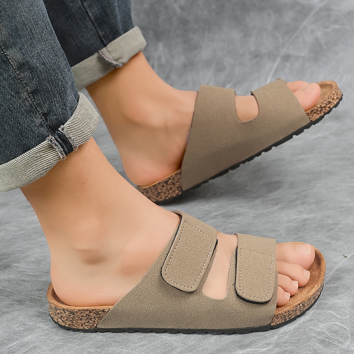 Wide Band PU Flat Slippers with Adjustable Iron Buckle - All Season