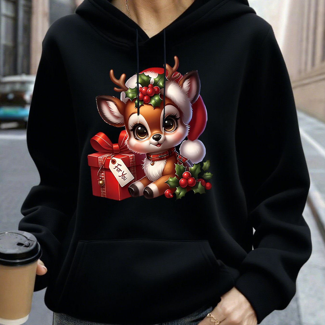 Women's Christmas Deer & Reindeer Print Hoodie - Cozy Winter Pullover Sweatshirt with Cute Deer Headband-Like Hood, Slim-Fit Casual Jacket for Holiday Parties, Xmas Outfits & Cold Weather (Machine Washable), Fall Clothes For