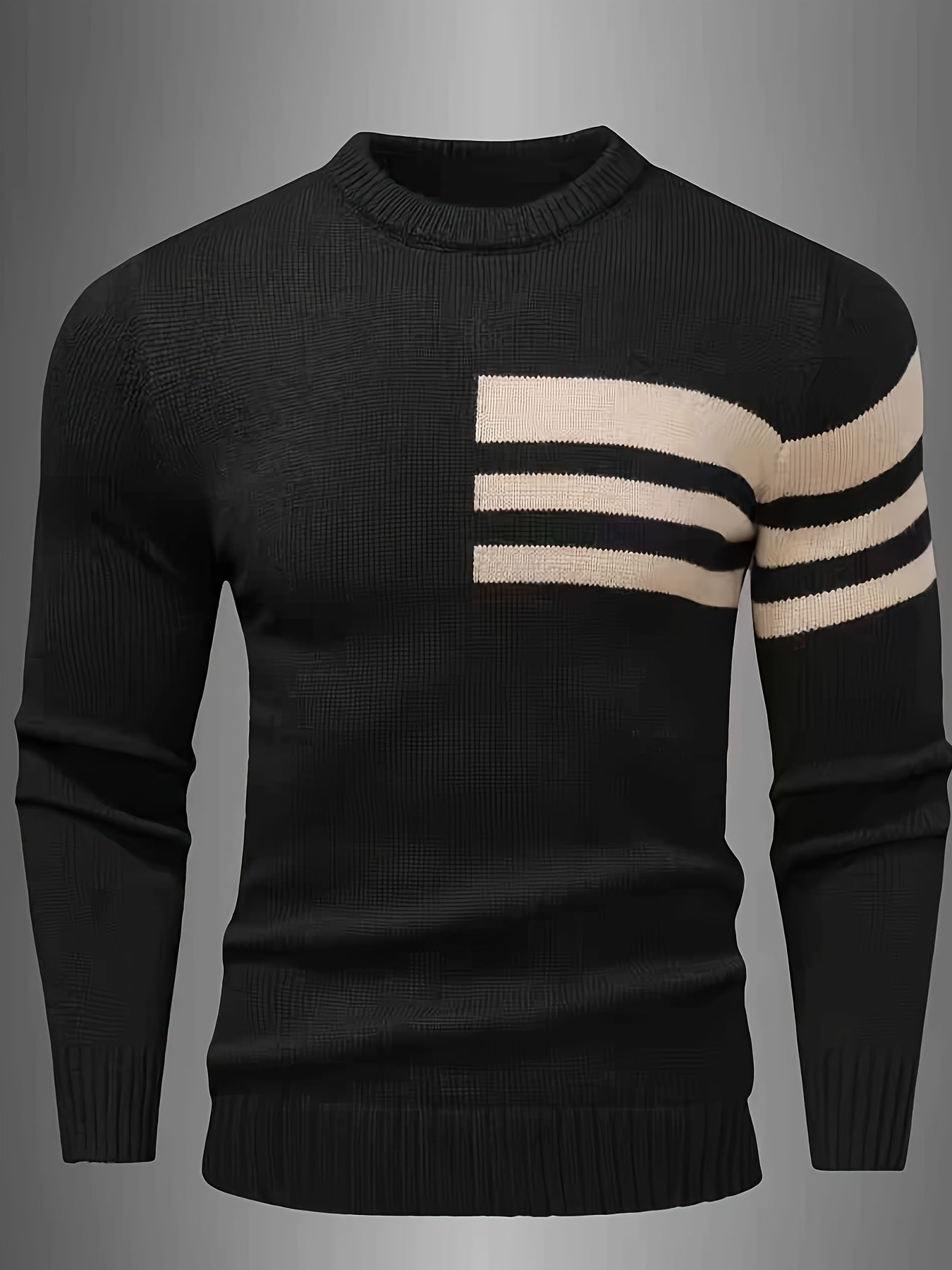 Men's Brown & Striped Sweater - Soft Round Neck Cable-Knit Winter Sweater with White Piping, Machine Washable Casual Pullover for Fall & Winter, Brown/Beige Horizontal Stripes, Ribbed Cuffs & Hem, Stylish Men's Sweater for Ev