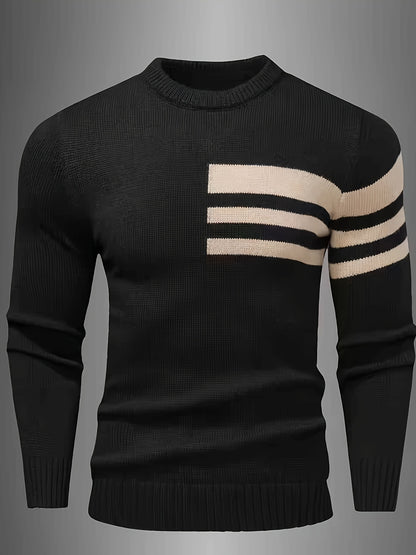 Men's Brown & Striped Sweater - Soft Round Neck Cable-Knit Winter Sweater with White Piping, Machine Washable Casual Pullover for Fall & Winter, Brown/Beige Horizontal Stripes, Ribbed Cuffs & Hem, Stylish Men's Sweater for Ev