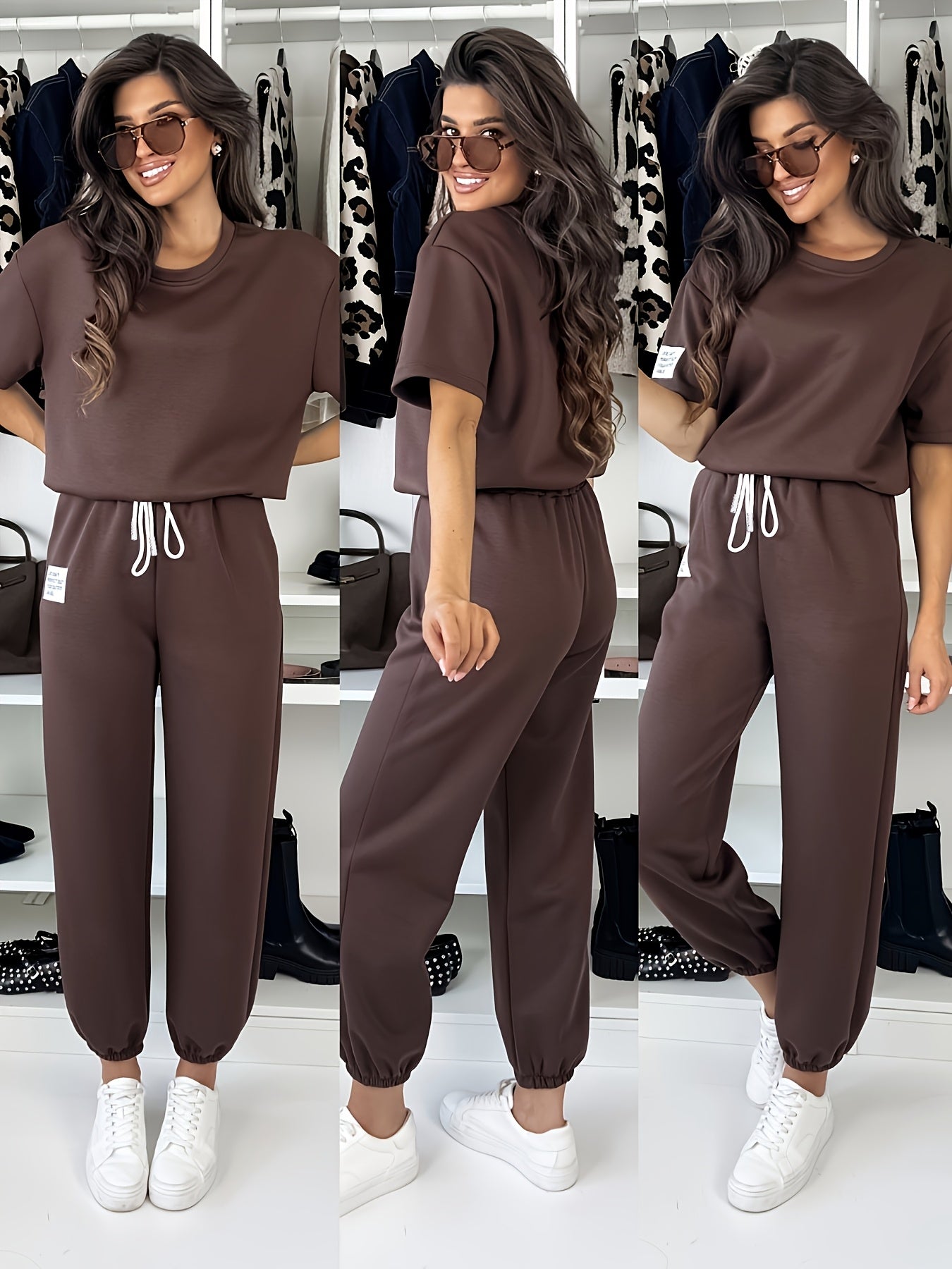 2026 New European and American Style Women's Casual Set: Round Neck Short Sleeve Top + Jogger Pants, Lazy Style Loose Fit Two-Piece Set
