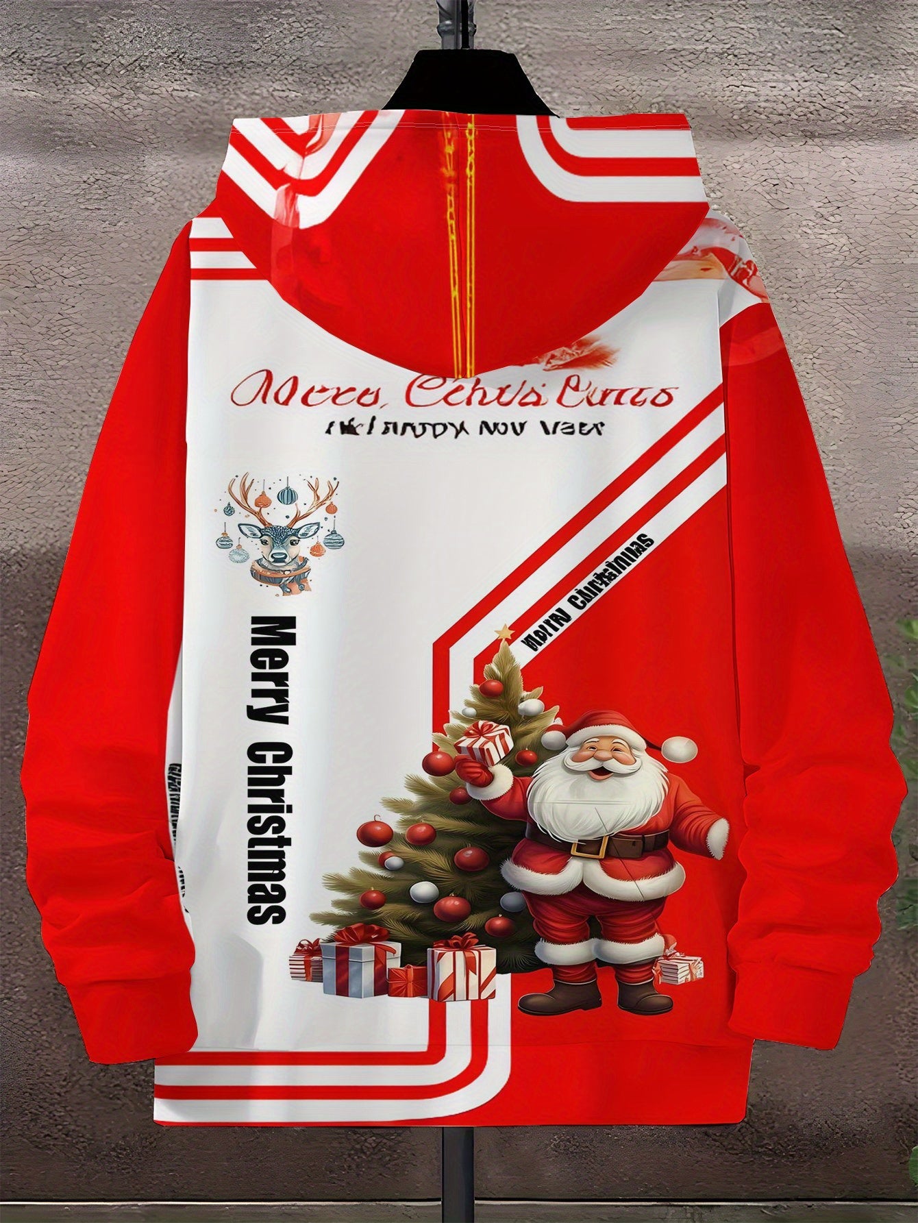 Men's Christmas Zip Hooded Sweatshirt with Santa & Tree 3D Print - Full-Zip Front Jacket, Loose Fit Winter Sweater for Holiday Travel & Casual Wear, Machine Washable Coat for Gifts and Party Outfits
