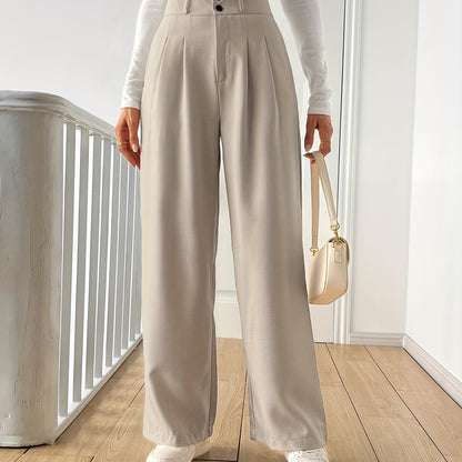 Women's High-Waisted Straight-Leg Pants - Light Beige Casual Polyester Blend with Button Details, Machine Washable, All-Season Comfort for Casual Attire, Cute Pants