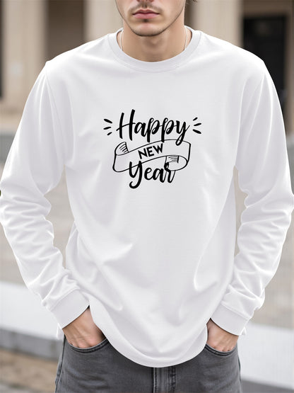 Men'S Happy New Year Graphic T-Shirt - Casual Long Sleeve Crew Neck, White with Black Lettering & Festive Design, Loose Fit for Spring/Fall, Perfect for Casual Attire, Festive Clothing | Festive Graphic Tee | Comfortable Fit