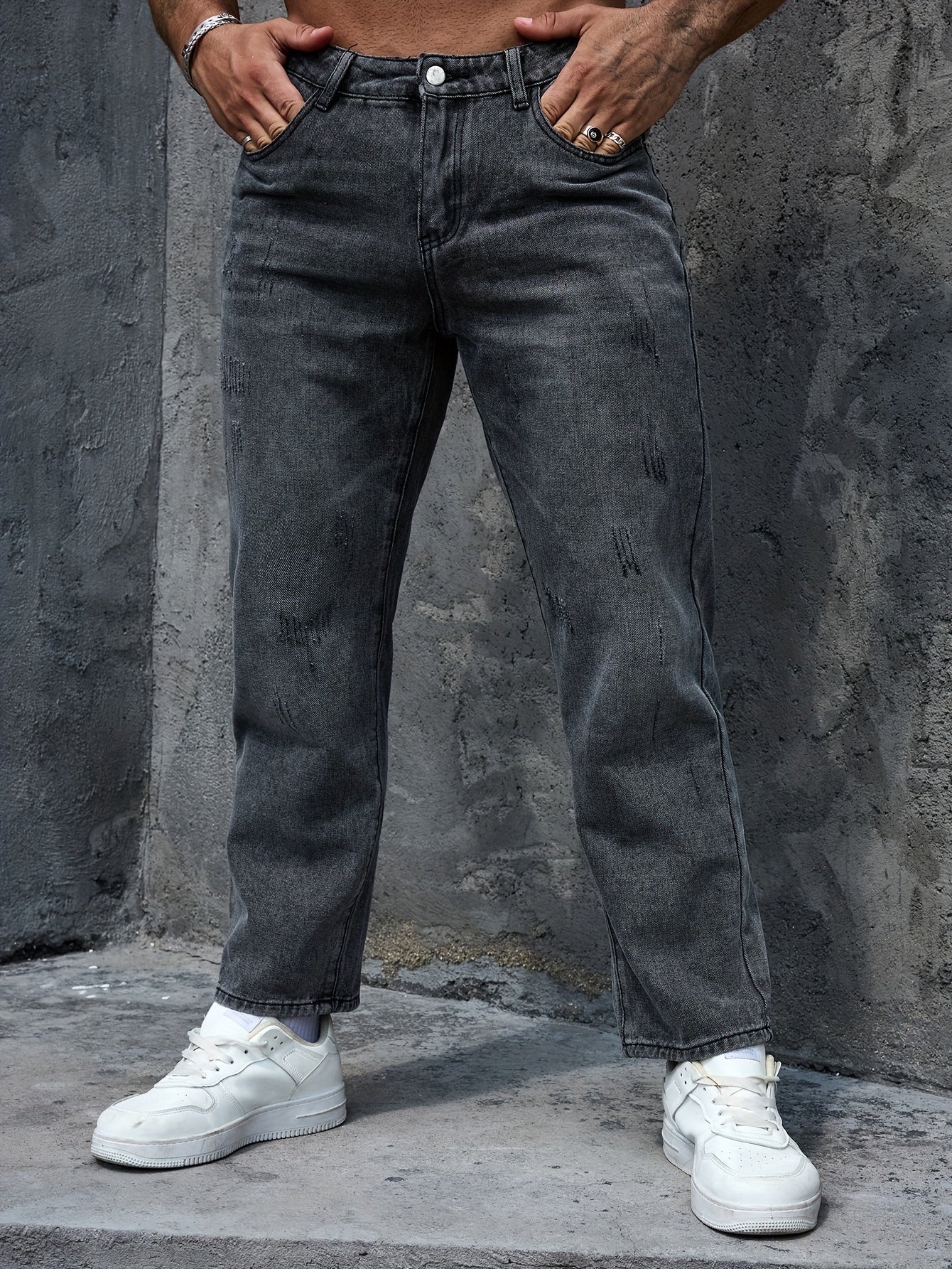 Men's Regular Fit Distressed Denim Jeans - Light Grey, Blend, Machine Washable, Year-Round Comfort & Style