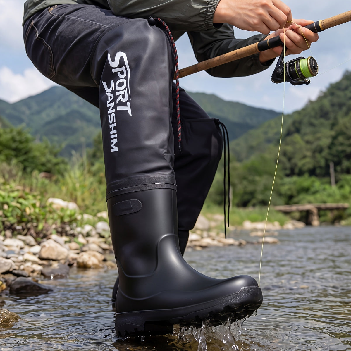 Men's Over-the-Knee PVC Rain Boots with Drawstring Cuff