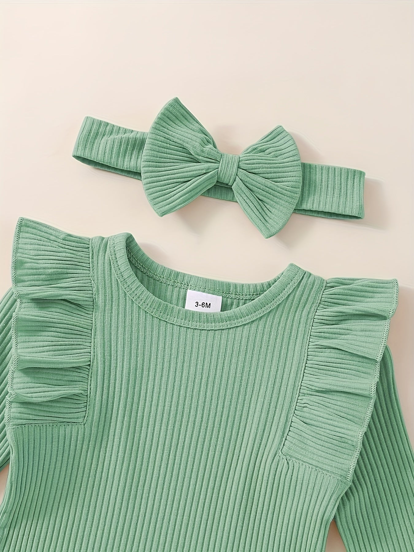 3pcs Baby Girl Outfit Set, Cute Ribbed Ruffle Long Sleeve Romper & Pants, 95% Cotton 5% Spandex, Crew Neck Pullovers, Solid Color, Regular Fit, No Belt, Fall/Winter Knit Fabric, 0-18 Months, for Outdoor